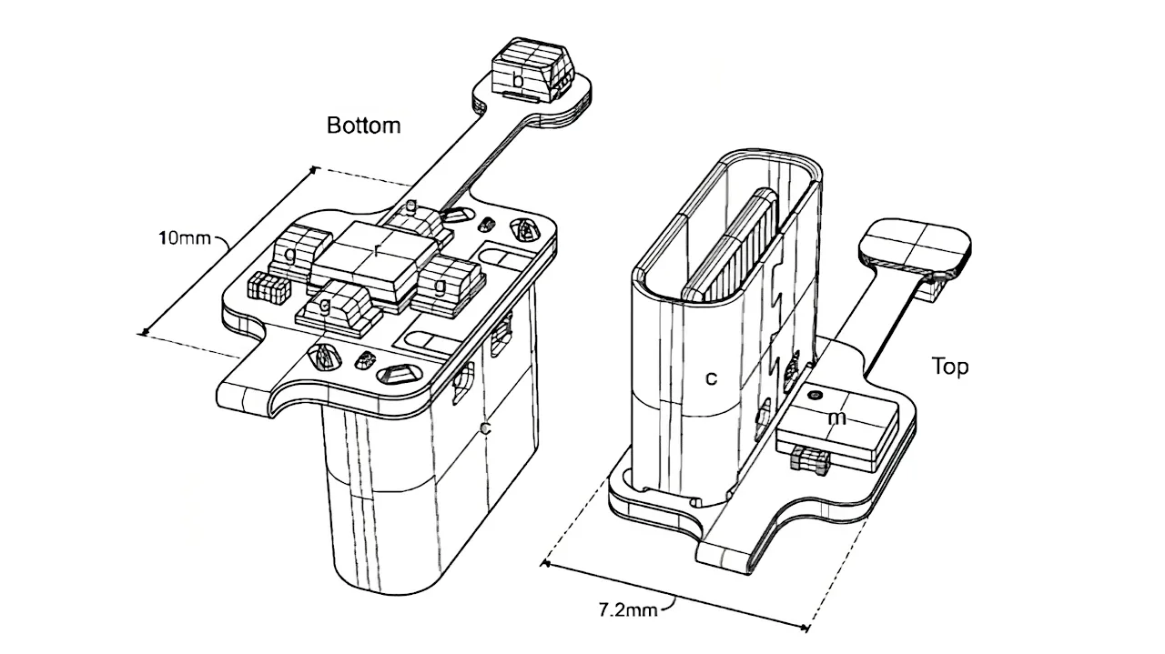 Technical drawing of Neureflect sensor showing dimensions and component layout