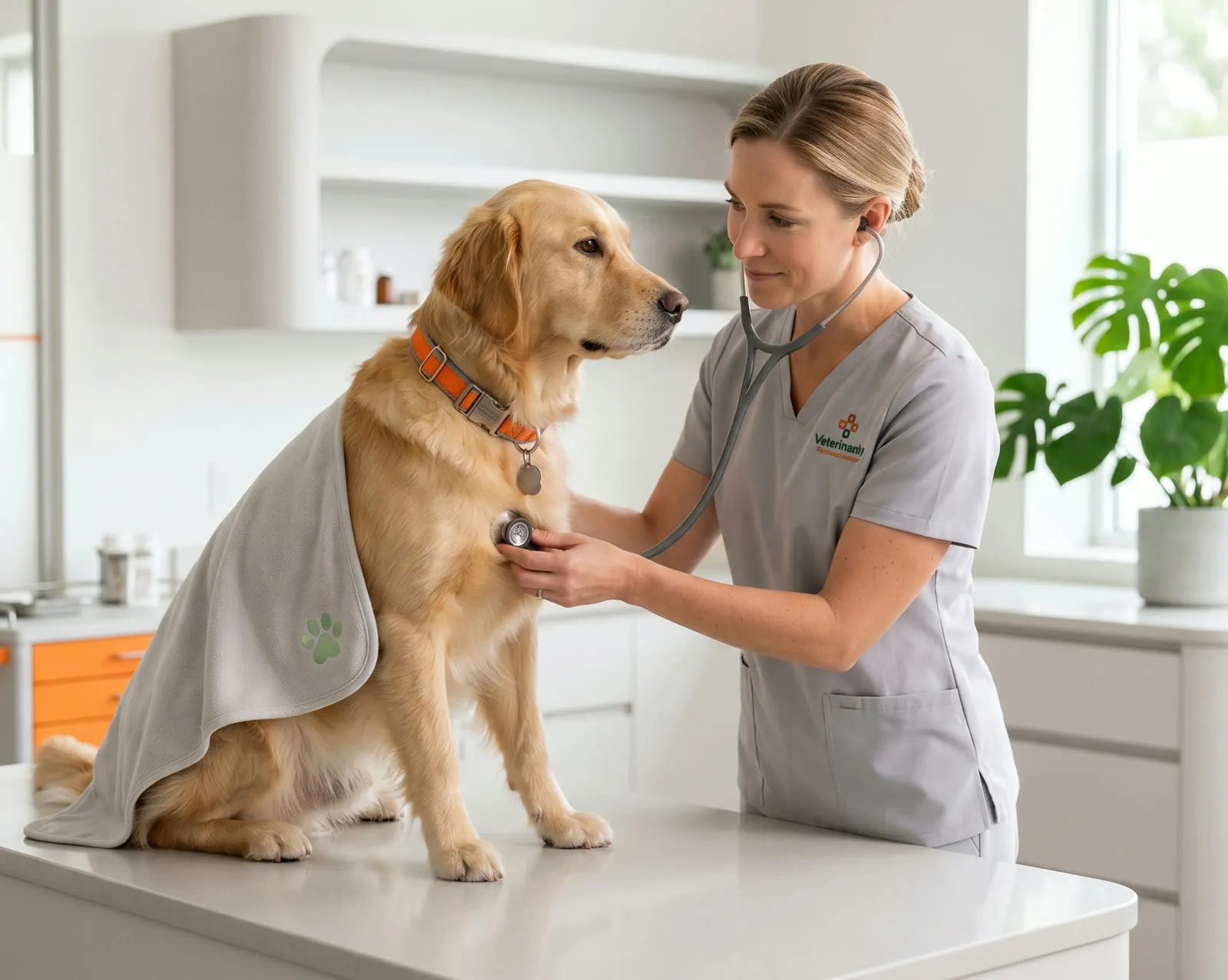 Veterinarian examining a dog fitted with a Neureflect sensor garment in a clinic